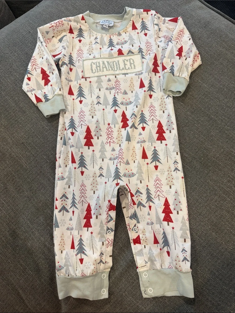 Personalized Kids One-Piece Footie Pajamas in Red, Gray & Cream - Chandler